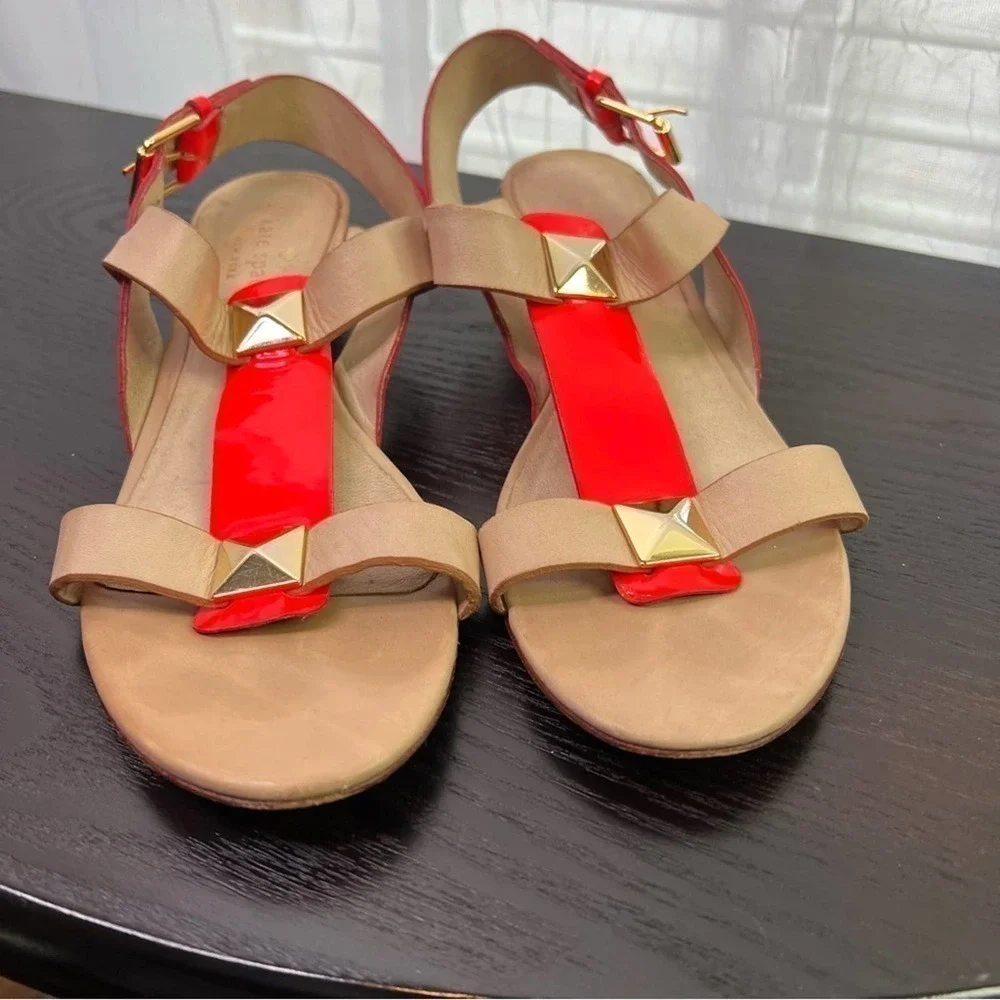 KATE Spade New York Sandals Neon Orange Patent Leather Gold Studs Size 8